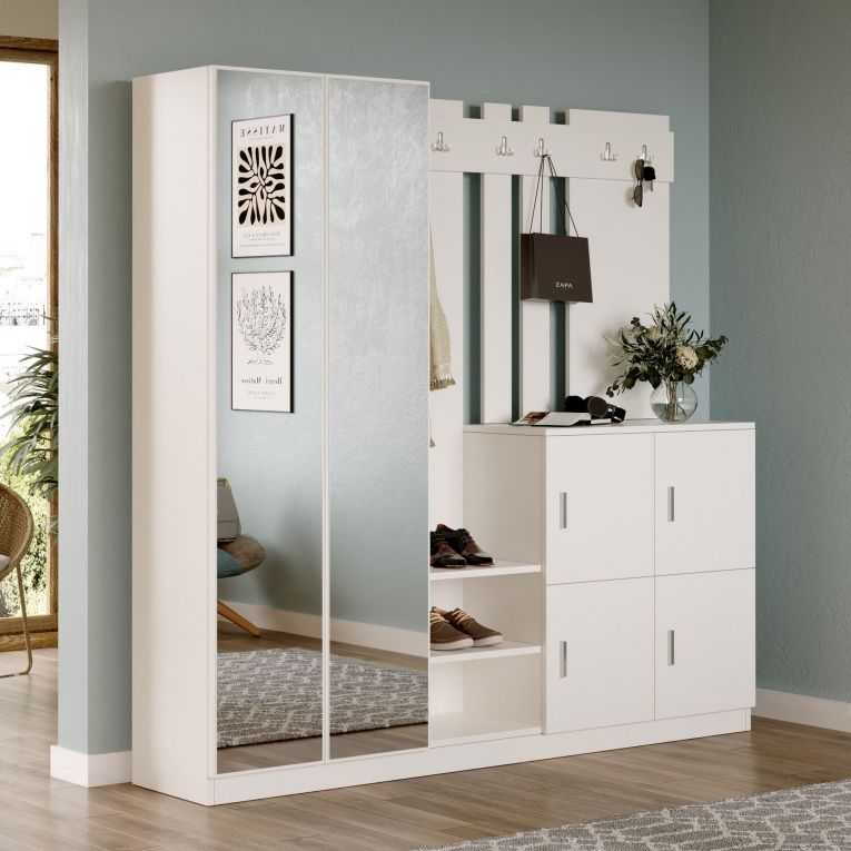 Mobile da Ingresso Beige Specchio Incluso Appendiabiti 187x38x180h cm, 9 Ripiani - Noviglio