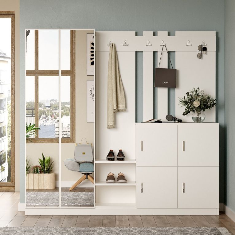 Mobile da Ingresso Beige Specchio Incluso Appendiabiti 187x38x180h cm, 9 Ripiani - Noviglio