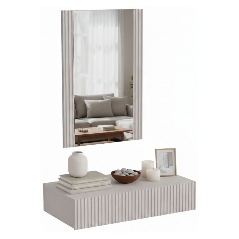Mobile da Ingresso Beige Specchio Incluso Paia 80x42x97h cm, un Cassetto - Premolo