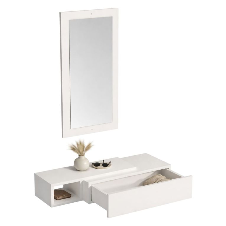 Mobile da Ingresso Bianco Beige Specchio Incluso un Cassetto 82x30x16h cm, un Ripiano - Ingria