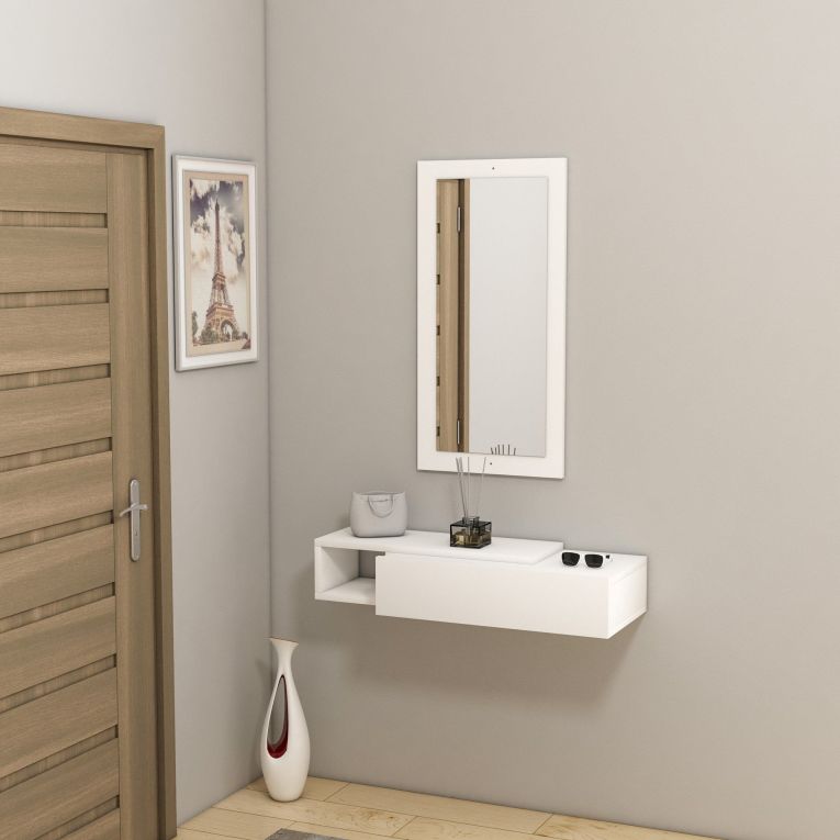Mobile da Ingresso Bianco Beige Specchio Incluso un Cassetto 82x30x16h cm, un Ripiano - Ingria
