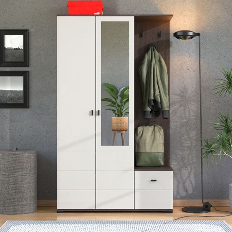Mobile da Ingresso Bianco Crema Marrone Noce Specchio Incluso 4 Ripiani 116x35x197h cm, Appendiabiti - Raroto