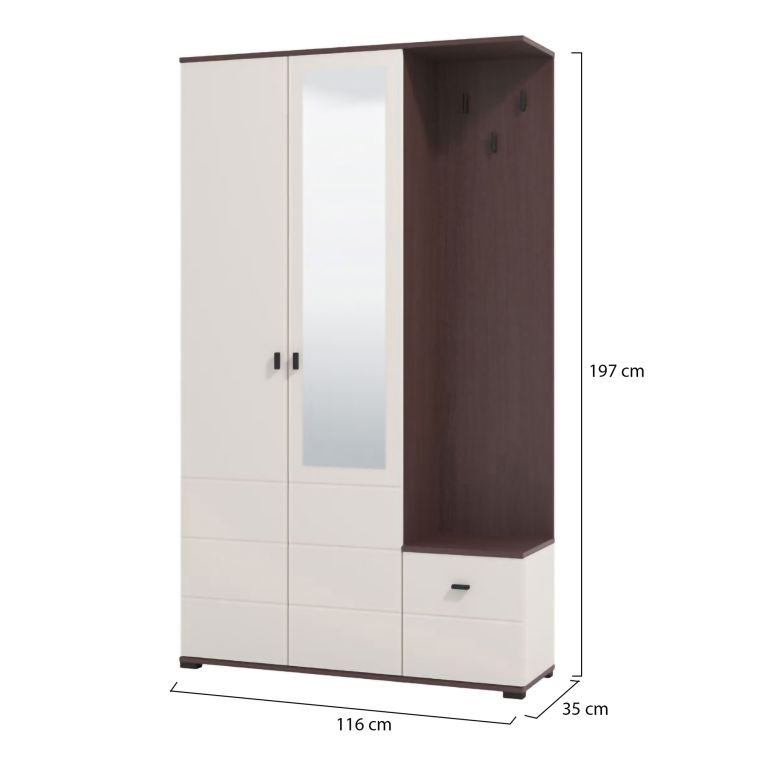 Mobile da Ingresso Bianco Crema Marrone Noce Specchio Incluso 4 Ripiani 116x35x197h cm, Appendiabiti - Raroto