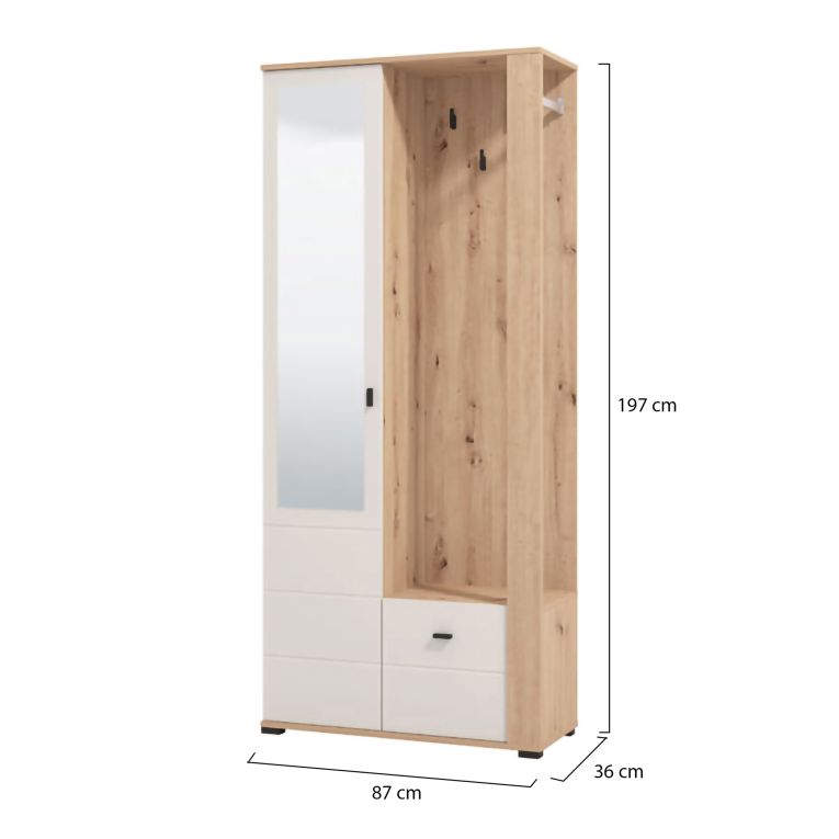 Mobile da Ingresso Bianco Crema Marrone Rovere Nodi Specchio Incluso 6 Ripiani 87x36x197h cm, Appendiabiti - Vique