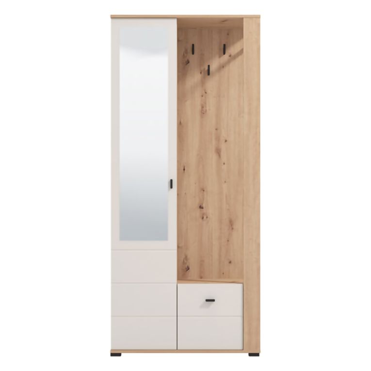 Mobile da Ingresso Bianco Crema Marrone Rovere Nodi Specchio Incluso 6 Ripiani 87x36x197h cm, Appendiabiti - Vique