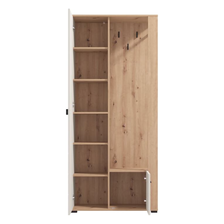 Mobile da Ingresso Bianco Crema Marrone Rovere Nodi Specchio Incluso 6 Ripiani 87x36x197h cm, Appendiabiti - Vique
