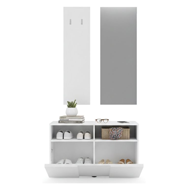 Mobile da Ingresso Bianco Fantasia Specchio Incluso 4 Paia 91x36x165h cm, 2 Ripiani - Riano