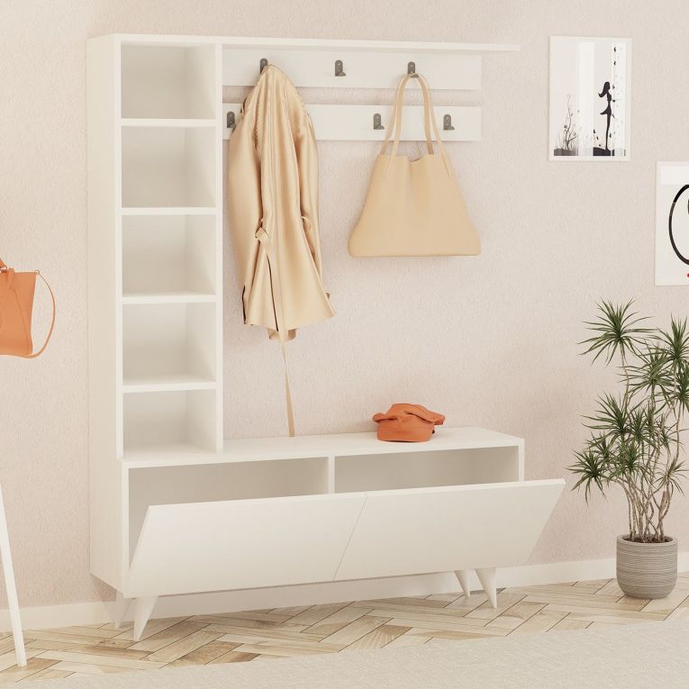 Mobile da Ingresso Bianco Grigio Appendiabiti 6 Ripiani 120x32x162h cm, Apertura a Ribalta - Gordona