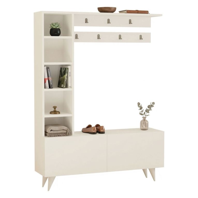 Mobile da Ingresso Bianco Grigio Appendiabiti 6 Ripiani 120x32x162h cm, Apertura a Ribalta - Gordona