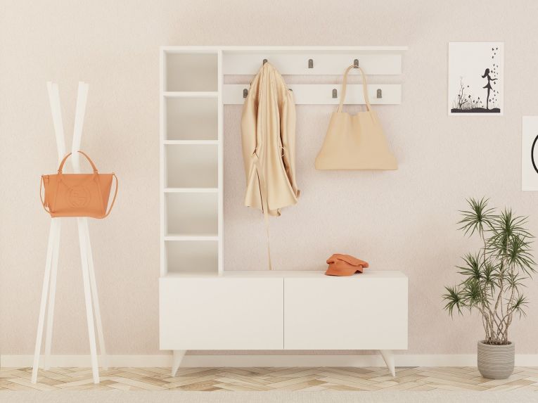 Mobile da Ingresso Bianco Grigio Appendiabiti 6 Ripiani 120x32x162h cm, Apertura a Ribalta - Gordona