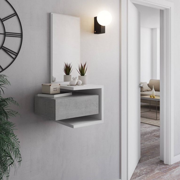 Mobile da Ingresso Bianco Grigio Cemento Specchio Incluso un Cassetto 43x32x90h cm, Installazione Sospesa - Tesero