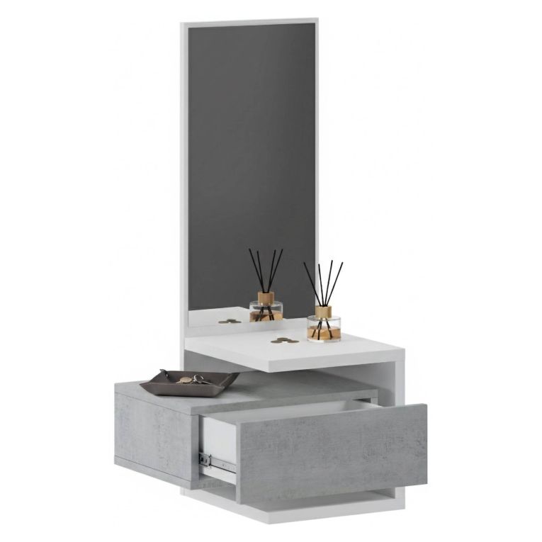 Mobile da Ingresso Bianco Grigio Cemento Specchio Incluso un Cassetto 43x32x90h cm, Installazione Sospesa - Tesero