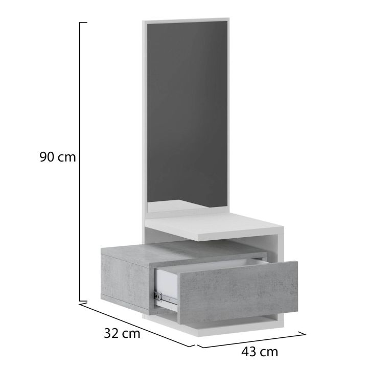 Mobile da Ingresso Bianco Grigio Cemento Specchio Incluso un Cassetto 43x32x90h cm, Installazione Sospesa - Tesero