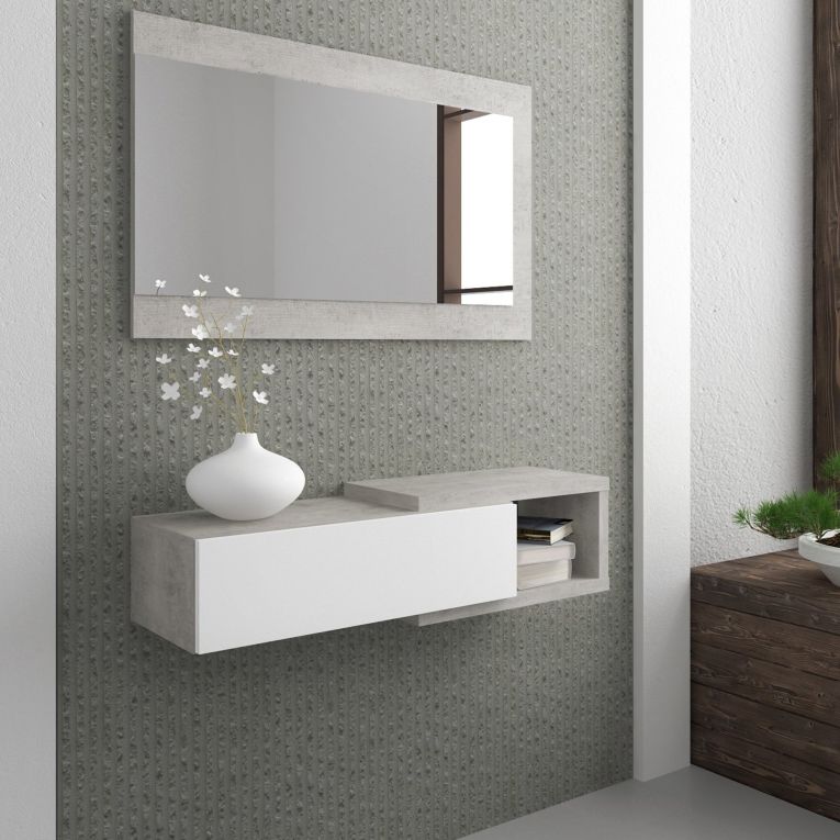 Mobile da Ingresso Bianco Grigio Cemento Specchio Incluso un Cassetto 95x28x77h cm, un Vano - Fabbrico