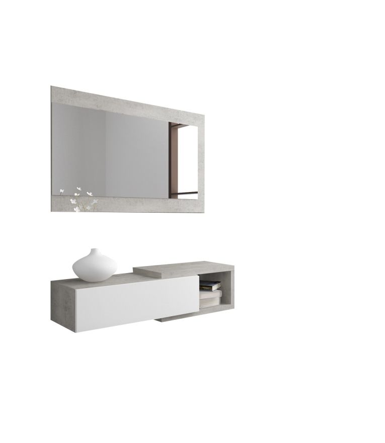 Mobile da Ingresso Bianco Grigio Cemento Specchio Incluso un Cassetto 95x28x77h cm, un Vano - Fabbrico
