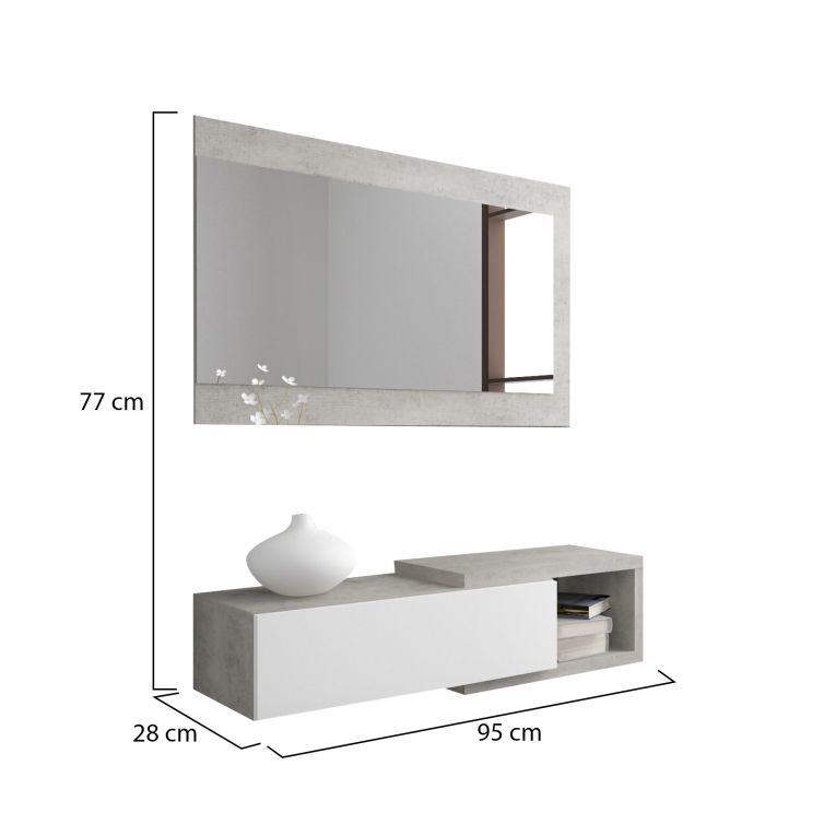 Mobile da Ingresso Bianco Grigio Cemento Specchio Incluso un Cassetto 95x28x77h cm, un Vano - Fabbrico