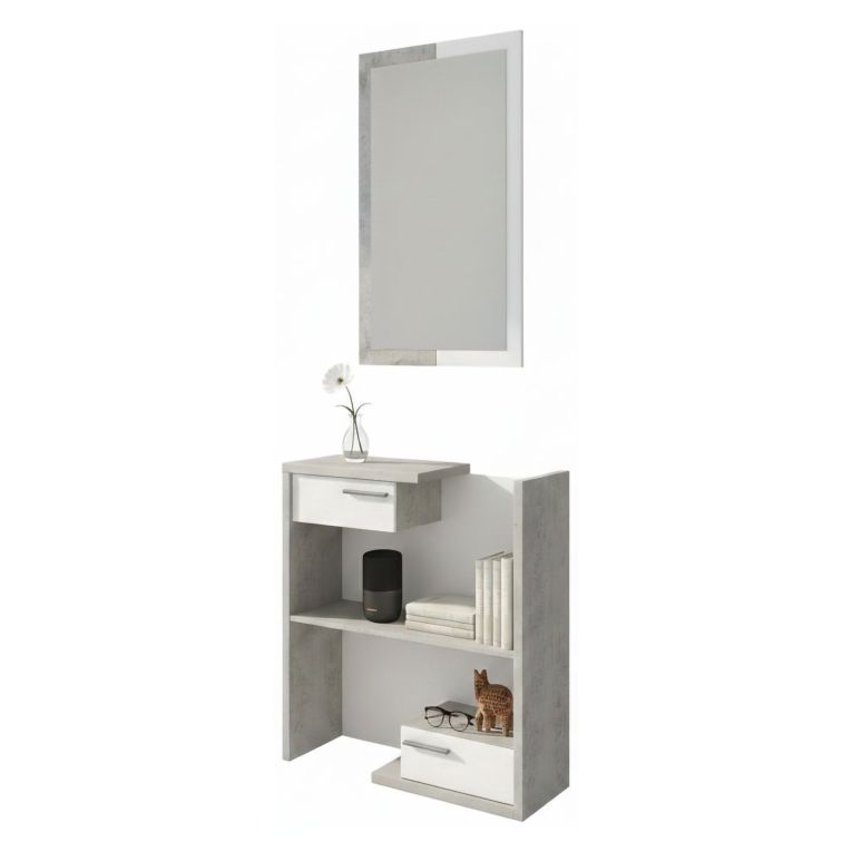 Mobile da Ingresso Bianco Grigio Cemento Specchio Incluso un Ripiano 83x29x190h cm, 2 Cassetti - Legionari
