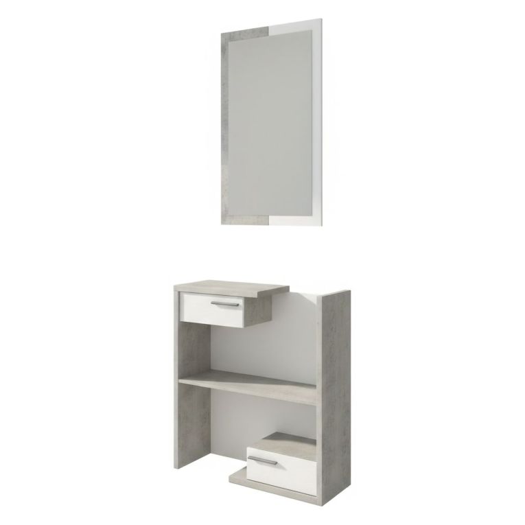 Mobile da Ingresso Bianco Grigio Cemento Specchio Incluso un Ripiano 83x29x190h cm, 2 Cassetti - Legionari