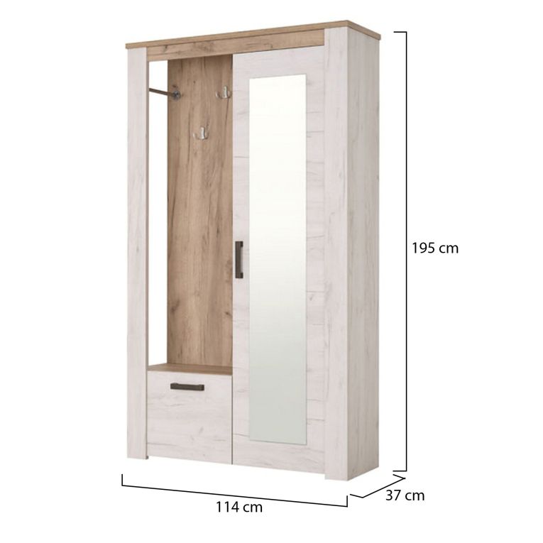 Mobile da Ingresso Bianco Larice Marrone Rovere Specchio Incluso 5 Ripiani 114x36.5x195h cm, Appendiabiti - Valva