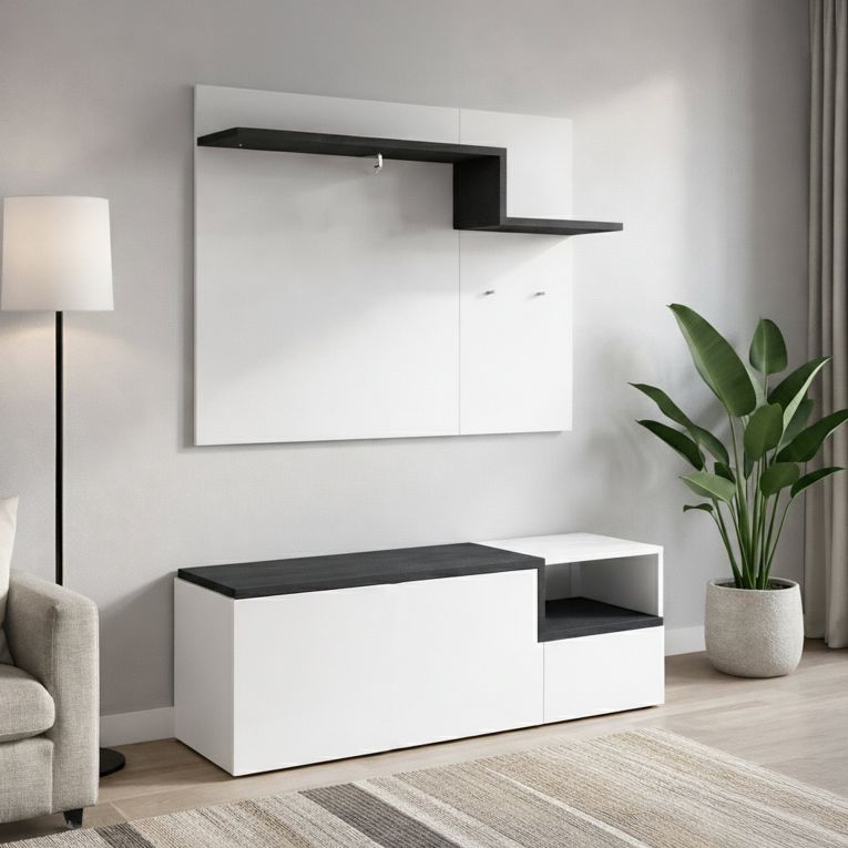 Mobile da Ingresso Bianco Lucido Grigio Ardesia 3 Ripiani Appendiabiti 120x40x154h cm, 2 Ante Made in Italy - Graziella