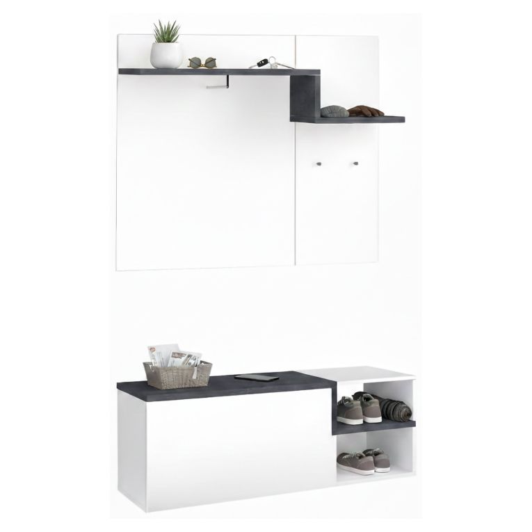 Mobile da Ingresso Bianco Lucido Grigio Ardesia 3 Ripiani Appendiabiti 120x40x154h cm, 2 Ante Made in Italy - Graziella