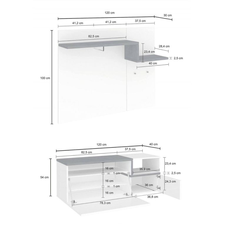 Mobile da Ingresso Bianco Lucido Grigio Ardesia 3 Ripiani Appendiabiti 120x40x154h cm, 2 Ante Made in Italy - Graziella
