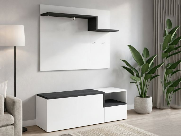 Mobile da Ingresso Bianco Lucido Grigio Ardesia 3 Ripiani Appendiabiti 120x40x154h cm, 2 Ante Made in Italy - Graziella