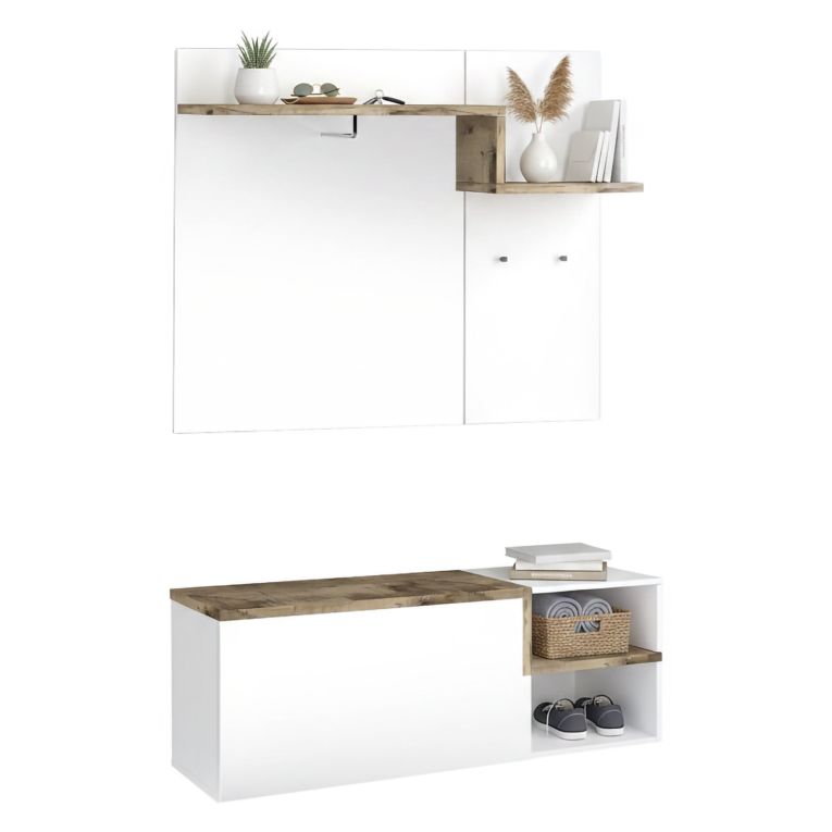 Mobile da Ingresso Bianco Lucido Marrone Acero 3 Ripiani Appendiabiti 120x40x154h cm, 2 Ante Made in Italy - Graziella