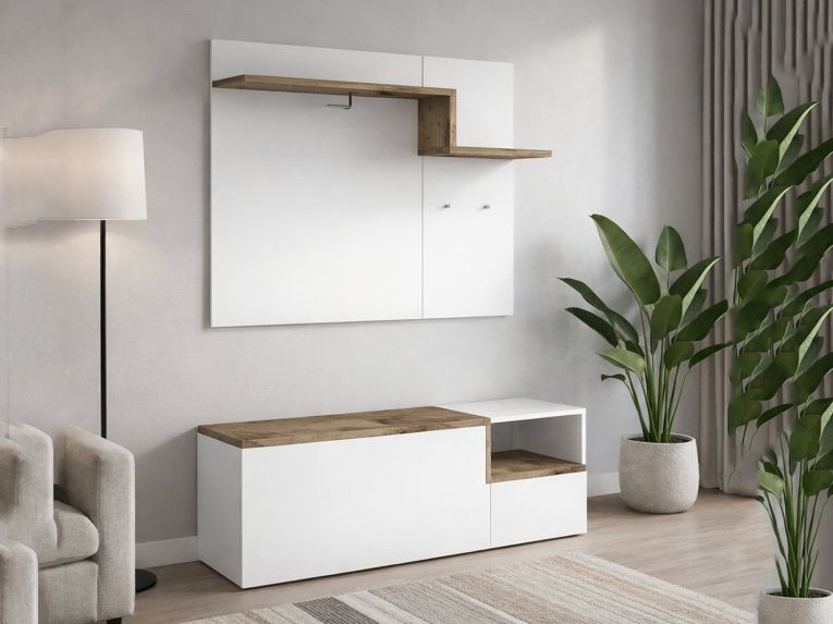 Mobile da Ingresso Bianco Lucido Marrone Acero 3 Ripiani Appendiabiti 120x40x154h cm, 2 Ante Made in Italy - Graziella