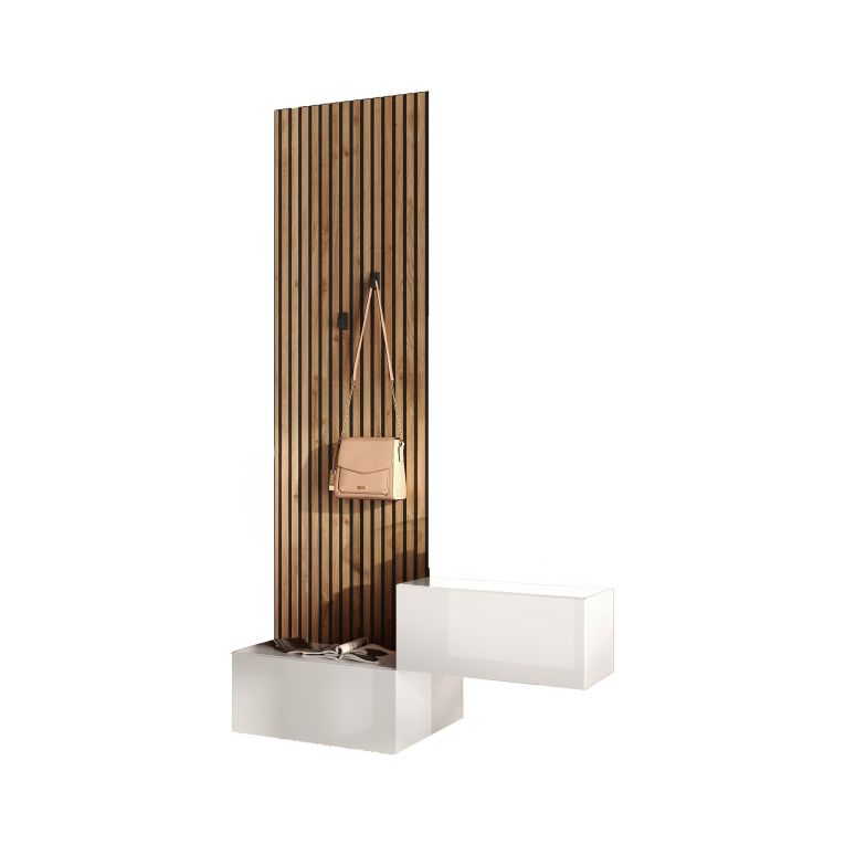Mobile da Ingresso Bianco Lucido Marrone Pero Paia Cassetti 140x30x236h cm, Ripiani Made in Italy - Narbolia