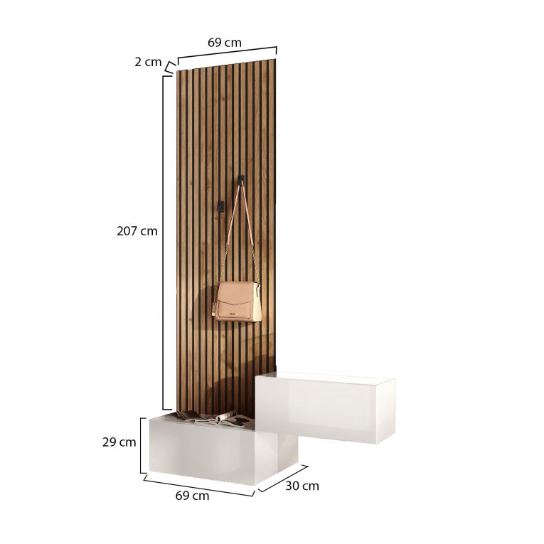 Mobile da Ingresso Bianco Lucido Marrone Pero Paia Cassetti 140x30x236h cm, Ripiani Made in Italy - Narbolia