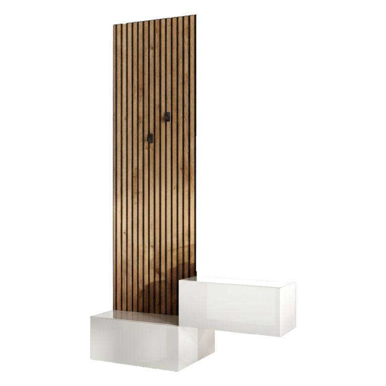 Mobile da Ingresso Bianco Lucido Marrone Pero Paia Cassetti 140x30x236h cm, Ripiani Made in Italy - Narbolia