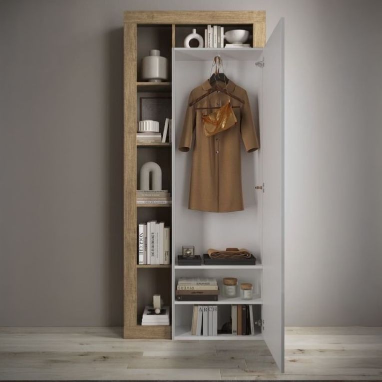 Mobile da Ingresso Bianco Lucido Marrone Rovere Specchio Incluso Appendiabiti 90.5x30x210h cm, 6 Paia - Gonzaga