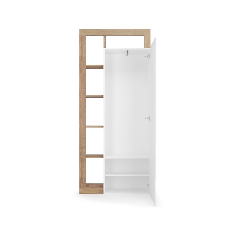 Mobile da Ingresso Bianco Lucido Marrone Rovere Specchio Incluso Appendiabiti 90.5x30x210h cm, 6 Paia - Gonzaga