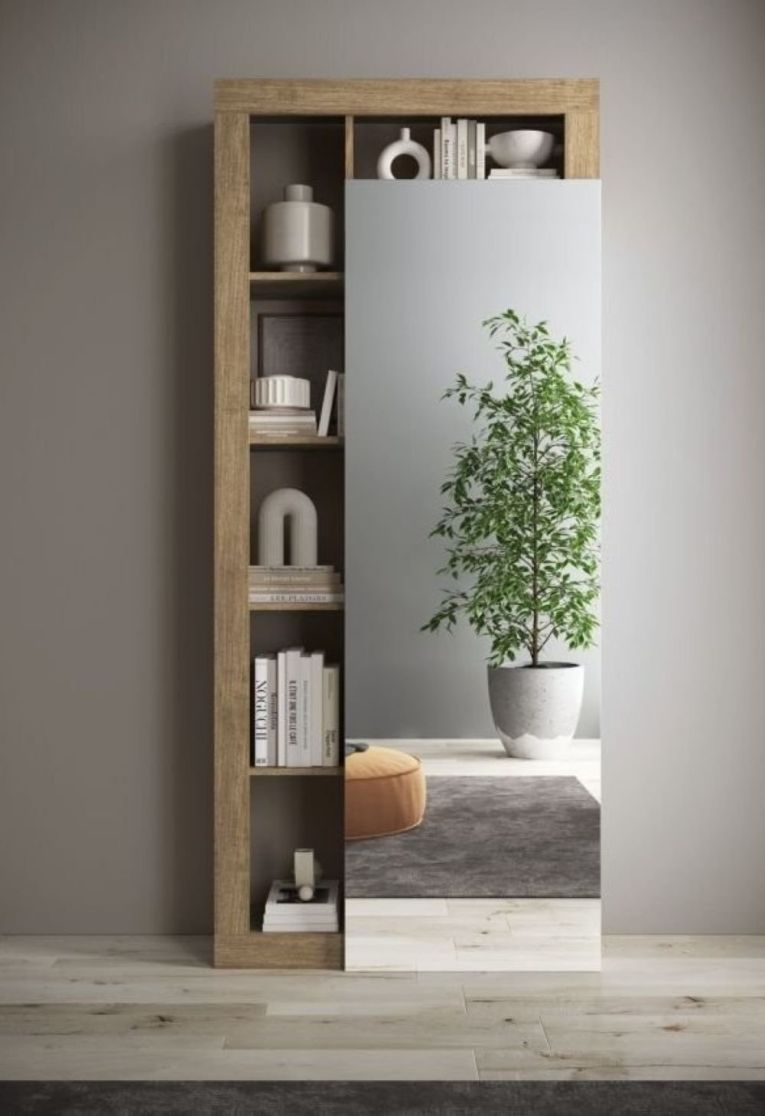 Mobile da Ingresso Bianco Lucido Marrone Rovere Specchio Incluso Appendiabiti 90.5x30x210h cm, 6 Paia - Gonzaga