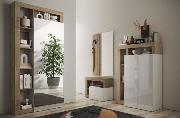 Mobile da Ingresso Bianco Lucido Marrone Rovere Specchio Incluso Appendiabiti 90.5x30x210h cm, 6 Paia - Gonzaga