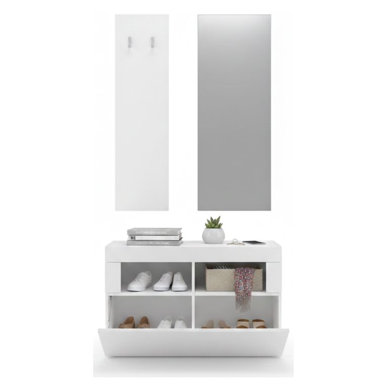 Mobile da Ingresso Bianco Lucido Specchio Incluso 4 Paia 91x36x165h cm, 2 Ripiani - Toirano