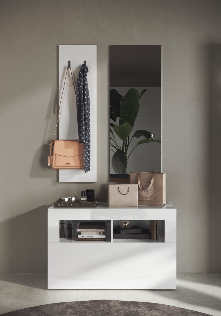 Mobile da Ingresso Bianco Lucido Specchio Incluso 4 Paia 91x36x165h cm, 2 Ripiani - Toirano