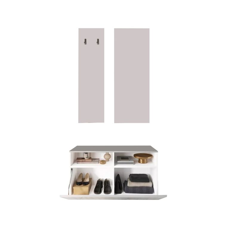 Mobile da Ingresso Bianco Lucido Trasparente Specchio Incluso Appendiabiti 91x36x165h cm, 4 Paia - Rizzuto