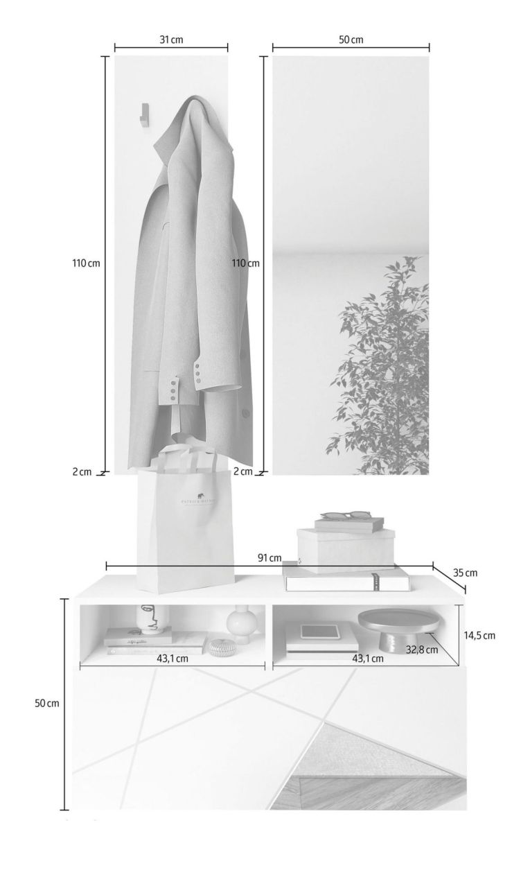 Mobile da Ingresso Bianco Lucido Trasparente Specchio Incluso Appendiabiti 91x36x165h cm, 4 Paia - Rizzuto