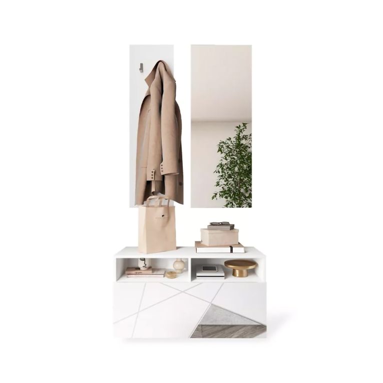 Mobile da Ingresso Bianco Lucido Trasparente Specchio Incluso Appendiabiti 91x36x165h cm, 4 Paia - Rizzuto