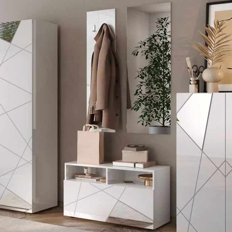 Mobile da Ingresso Bianco Lucido Trasparente Specchio Incluso Appendiabiti 91x36x165h cm, 4 Paia - Rizzuto