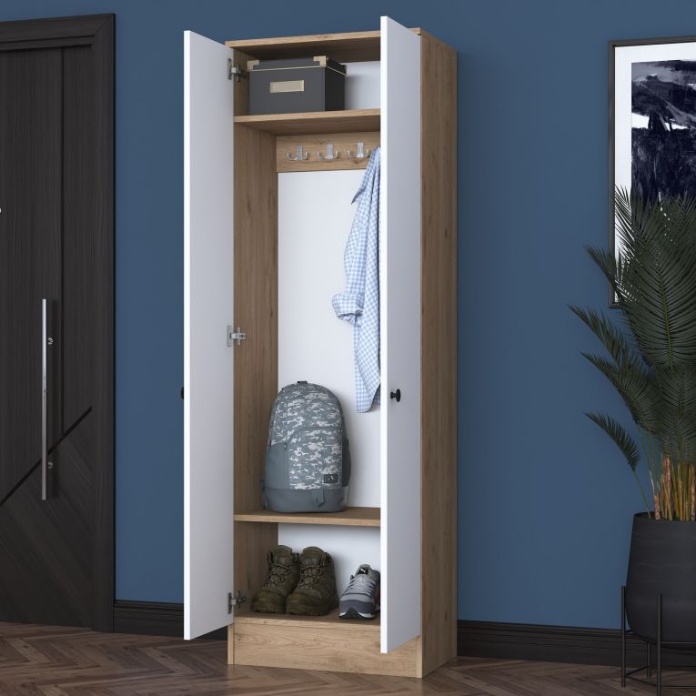 Mobile da Ingresso Bianco Marrone Noce 2 Ripiani Appendiabiti 60x38x183h cm, 2 Ante - Tursi