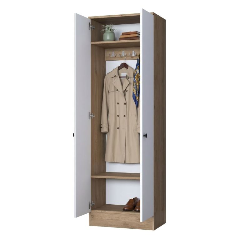 Mobile da Ingresso Bianco Marrone Noce 2 Ripiani Appendiabiti 60x38x183h cm, 2 Ante - Tursi