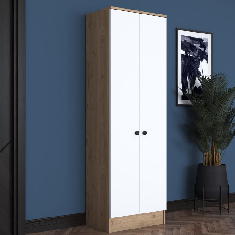 Mobile da Ingresso Bianco Marrone Noce 2 Ripiani Appendiabiti 60x38x183h cm, 2 Ante - Tursi