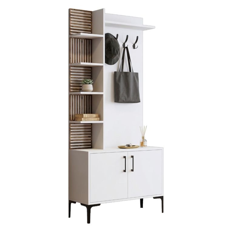 Mobile da Ingresso Bianco Marrone Noce Appendiabiti 10 Ripiani 90x35x200h cm, Apertura Battente - Caccamo