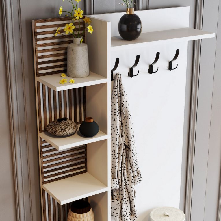 Mobile da Ingresso Bianco Marrone Noce Appendiabiti 10 Ripiani 90x35x200h cm, Apertura Battente - Caccamo
