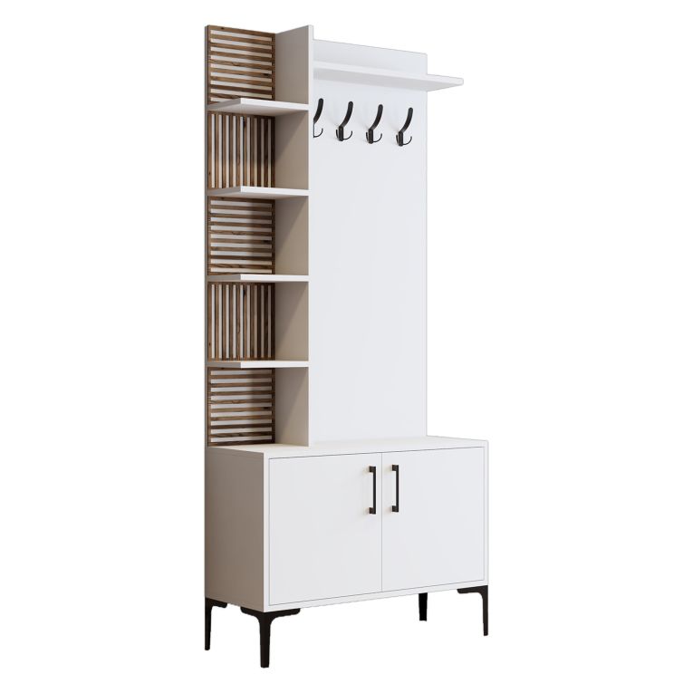 Mobile da Ingresso Bianco Marrone Noce Appendiabiti 10 Ripiani 90x35x200h cm, Apertura Battente - Caccamo