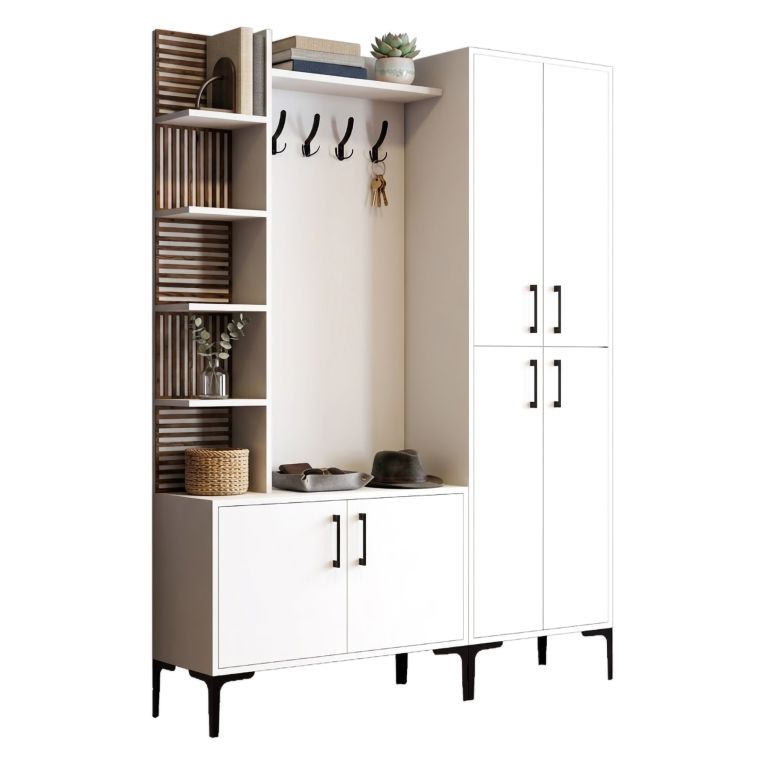 Mobile da Ingresso Bianco Marrone Noce Appendiabiti 13 Ripiani 150x35x200h cm, Apertura Battente - Chiuro