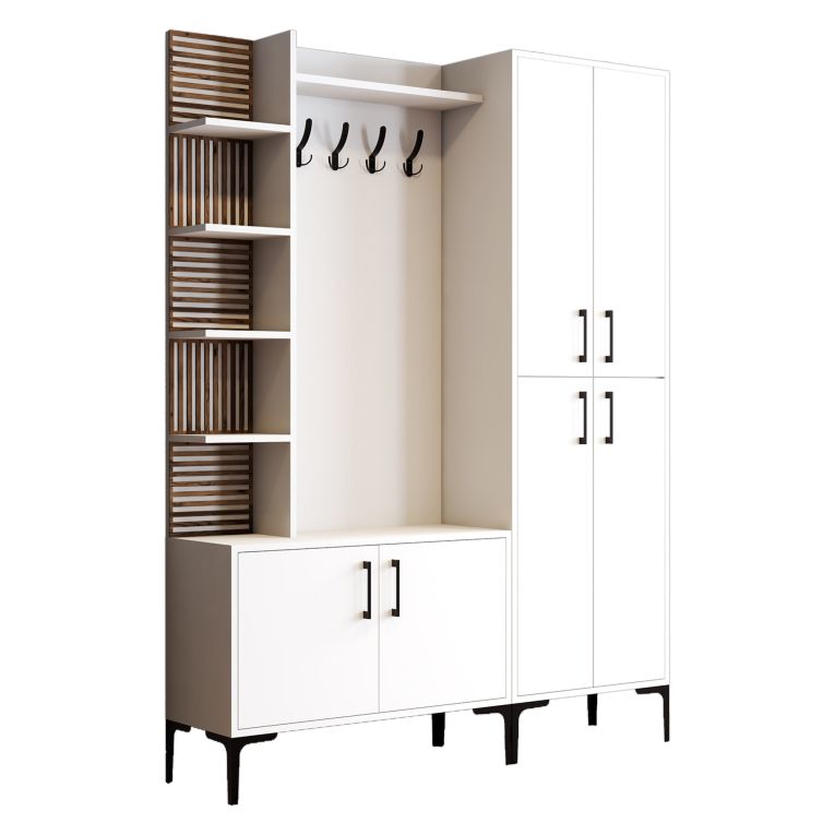 Mobile da Ingresso Bianco Marrone Noce Appendiabiti 13 Ripiani 150x35x200h cm, Apertura Battente - Chiuro